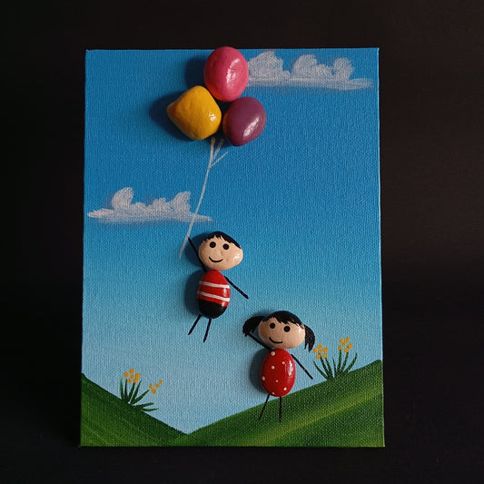 Flying Kids Pebbles Art Vertical Frame