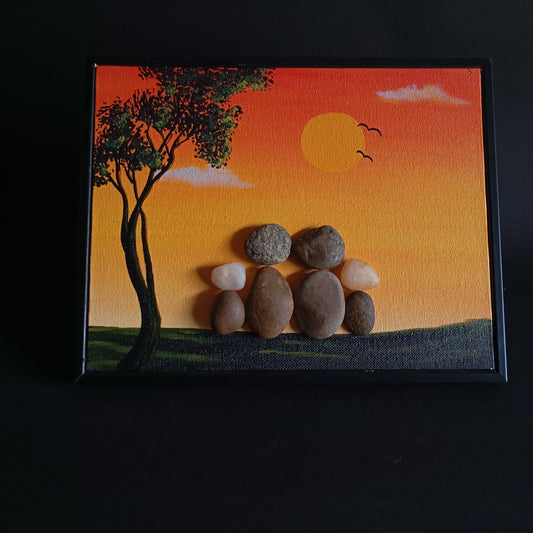 Nature Family W/ Two Kids Pebbles Art Frame