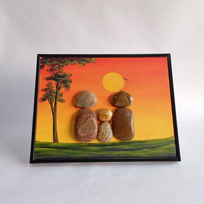 Nature Family W/ One Kid Pebbles Art Frame | 100% Handcrafted