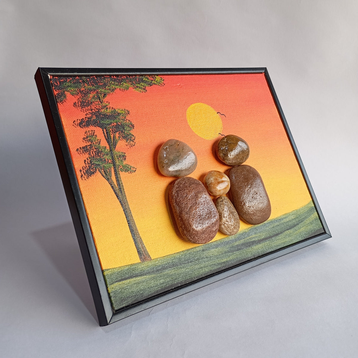 Nature Family W/ One Kid Pebbles Art Frame | 100% Handcrafted