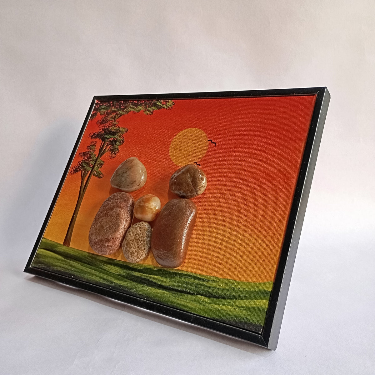 Nature Family W/ One Kid Pebbles Art Frame | 100% Handcrafted