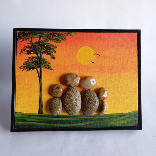 Nature Family W/ Two Kids Pebbles Art Frame