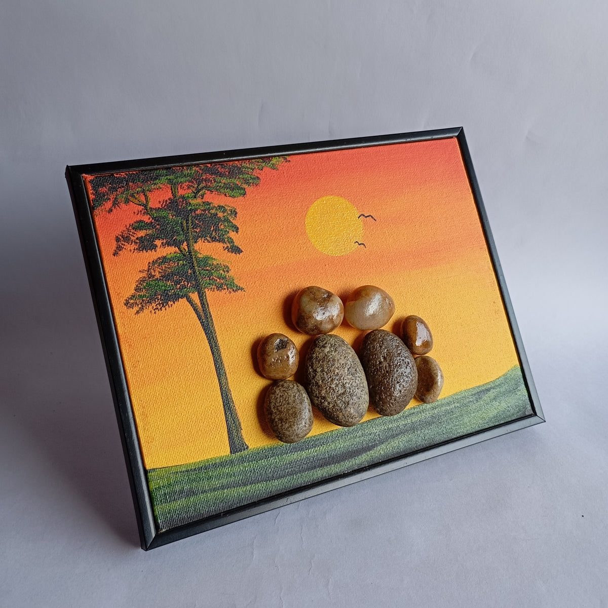 Nature Family W/ Two Kids Pebbles Art Frame | 100% Handcrafted