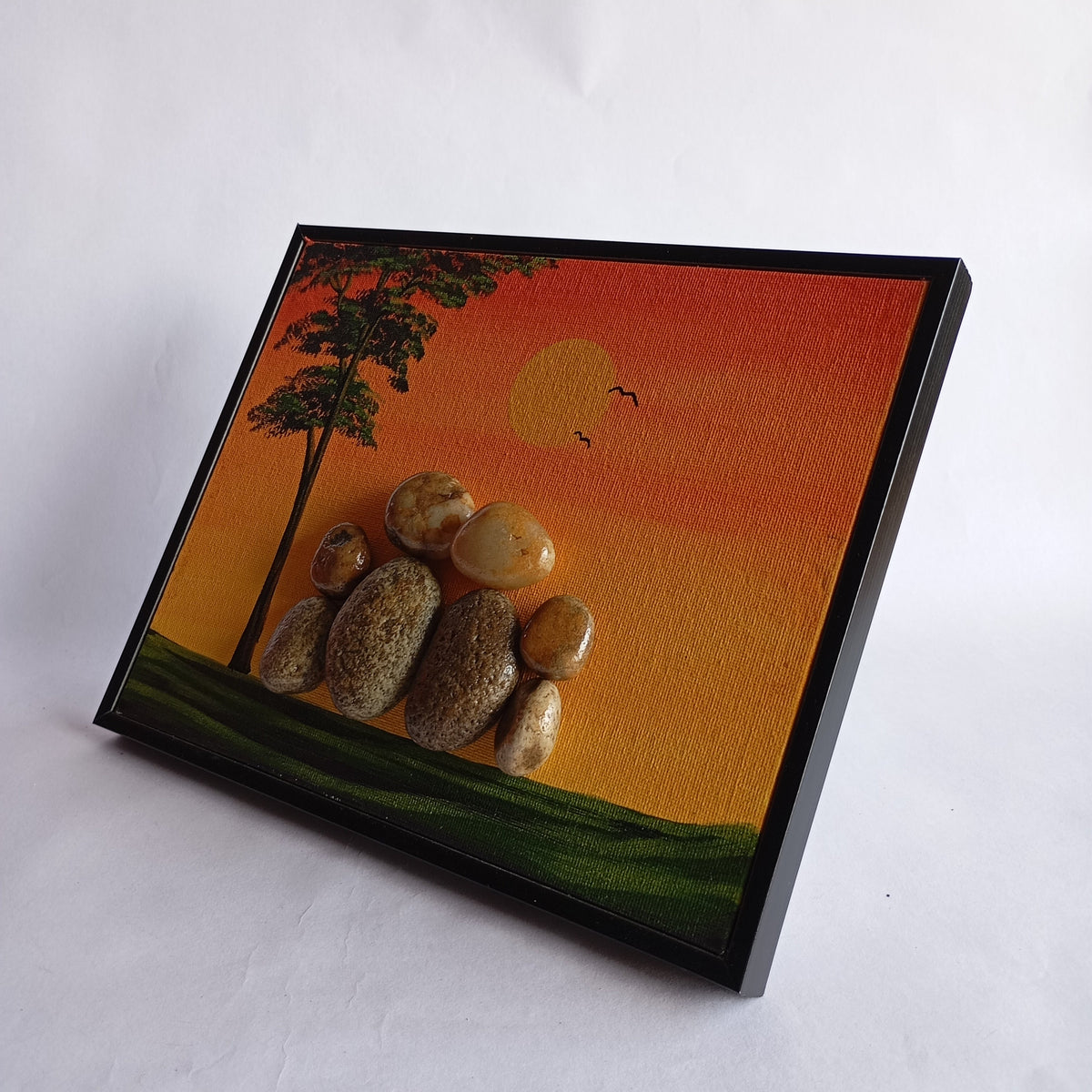 Nature Family W/ Two Kids Pebbles Art Frame | 100% Handcrafted