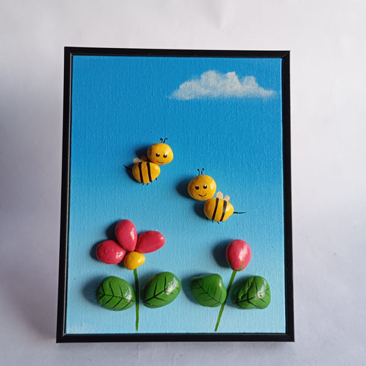 Honey Bee Pebbles Art Vertical Frame